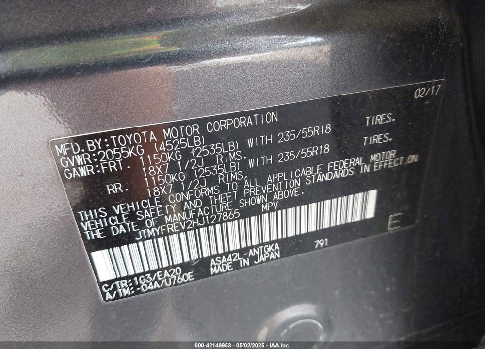 2017 TOYOTA RAV4 LIMITED VIN: JTMYFREV2HJ127865