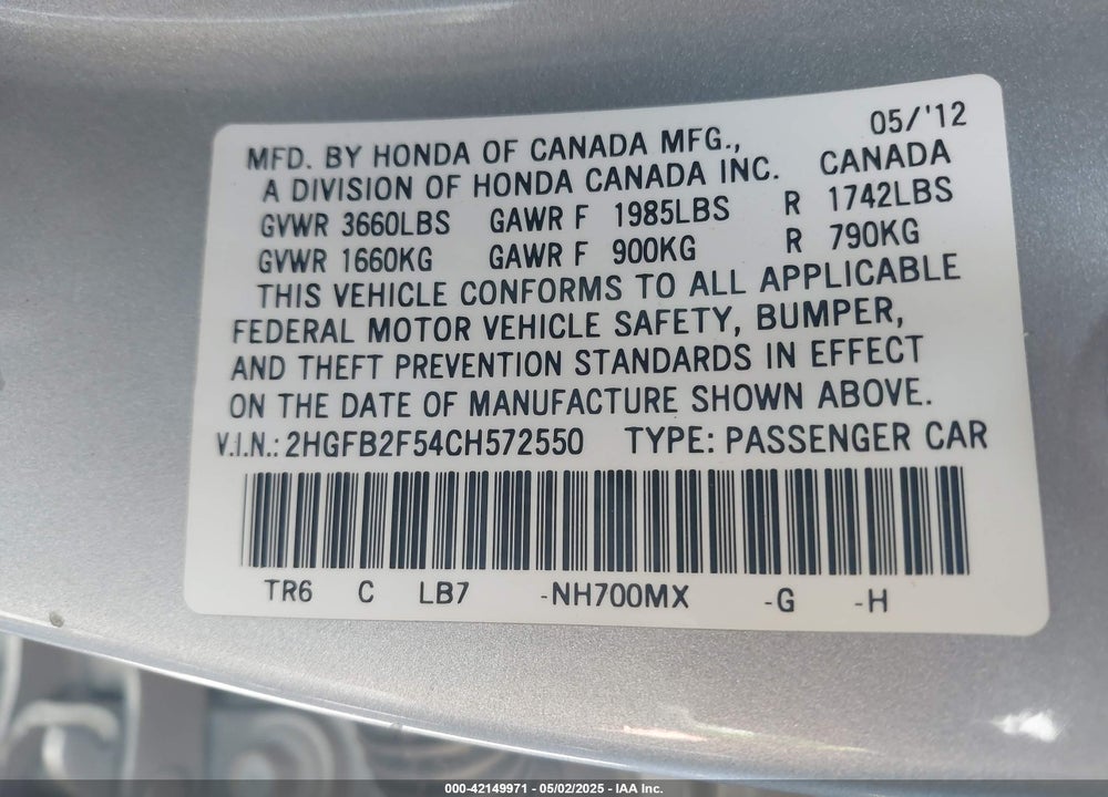 2012 HONDA CIVIC VIN: 2HGFB2F54CH572550