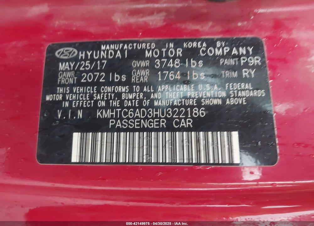 2017 HYUNDAI VELOSTER VALUE EDITION VIN: KMHTC6AD3HU322186