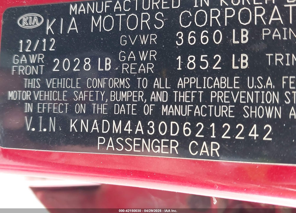 2013 KIA RIO LX VIN: KNADM4A30D6212242