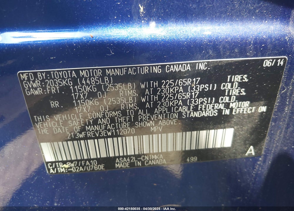 2014 TOYOTA RAV4 VIN: 2T3WFREV3EW112070