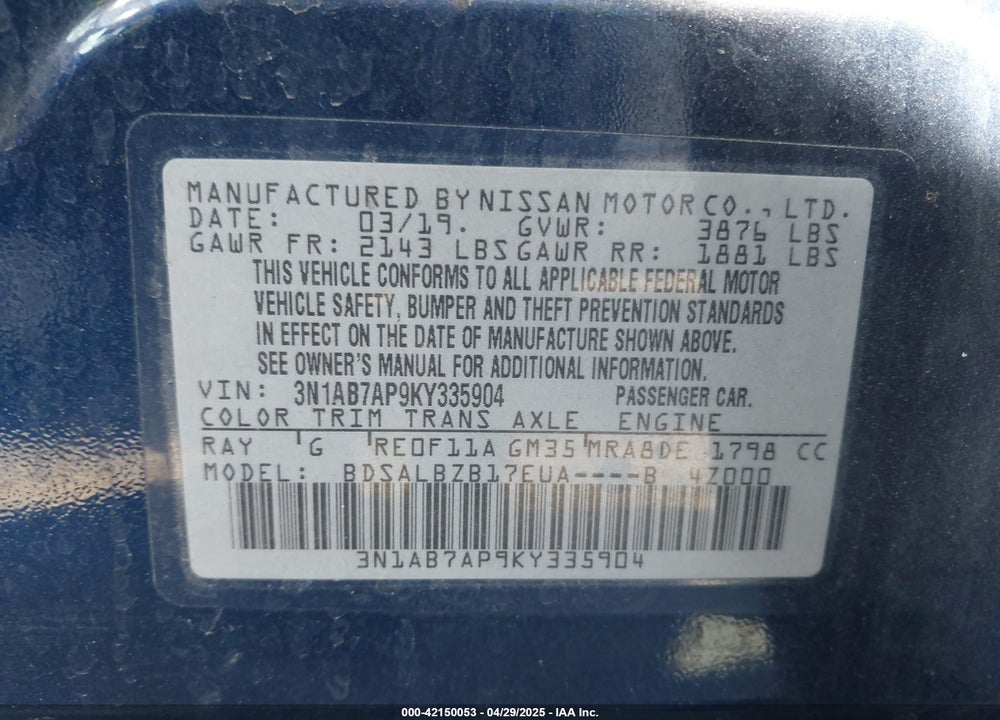 2019 NISSAN SENTRA VIN: 3N1AB7AP9KY335904