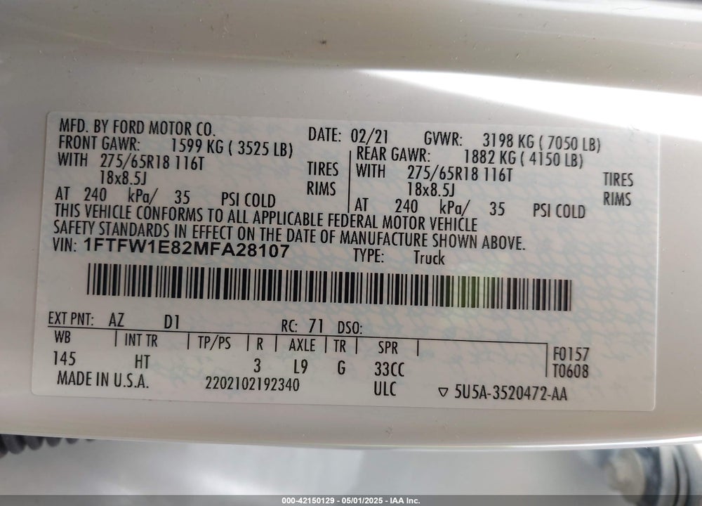 2021 FORD F150 VIN: 1FTFW1E82MFA28107