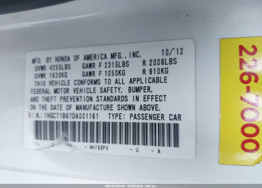 2013 HONDA ACCORD EX-L VIN: 1HGCT1B87DA001161