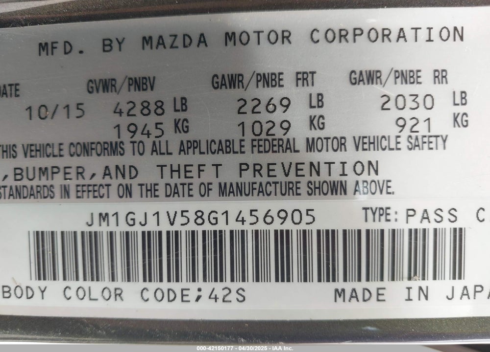 2016 MAZDA 6 VIN: JM1GJ1V58G1456905