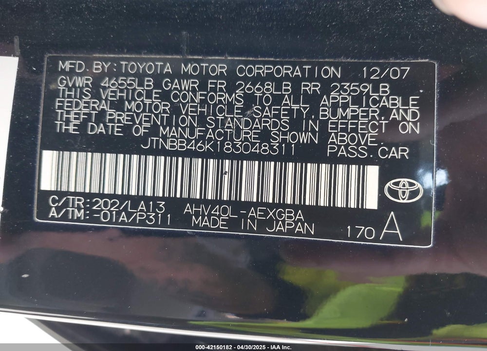 2008 TOYOTA CAMRY HYBRID VIN: JTNBB46K183048311