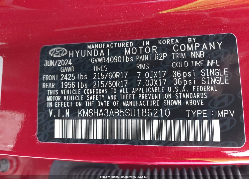 2025 HYUNDAI KONA SE VIN: KM8HA3AB5SU186210