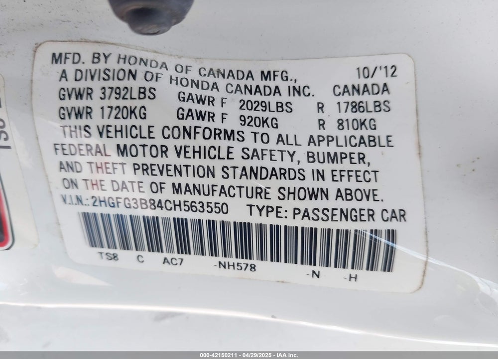 2012 HONDA CIVIC VIN: 2HGFG3B84CH563550