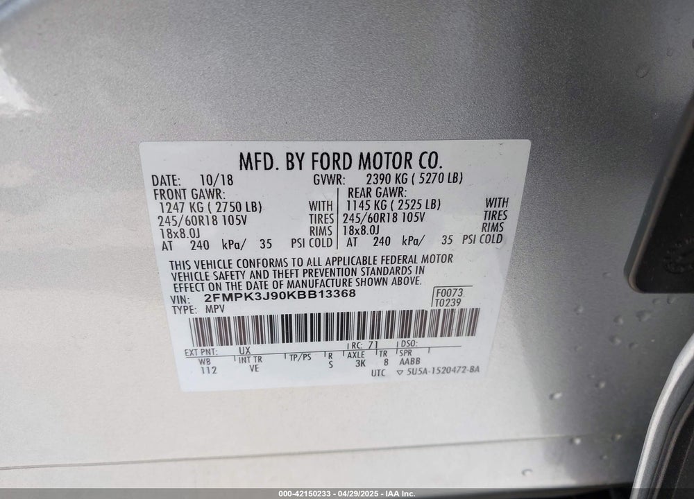 2019 FORD EDGE SEL VIN: 2FMPK3J90KBB13368