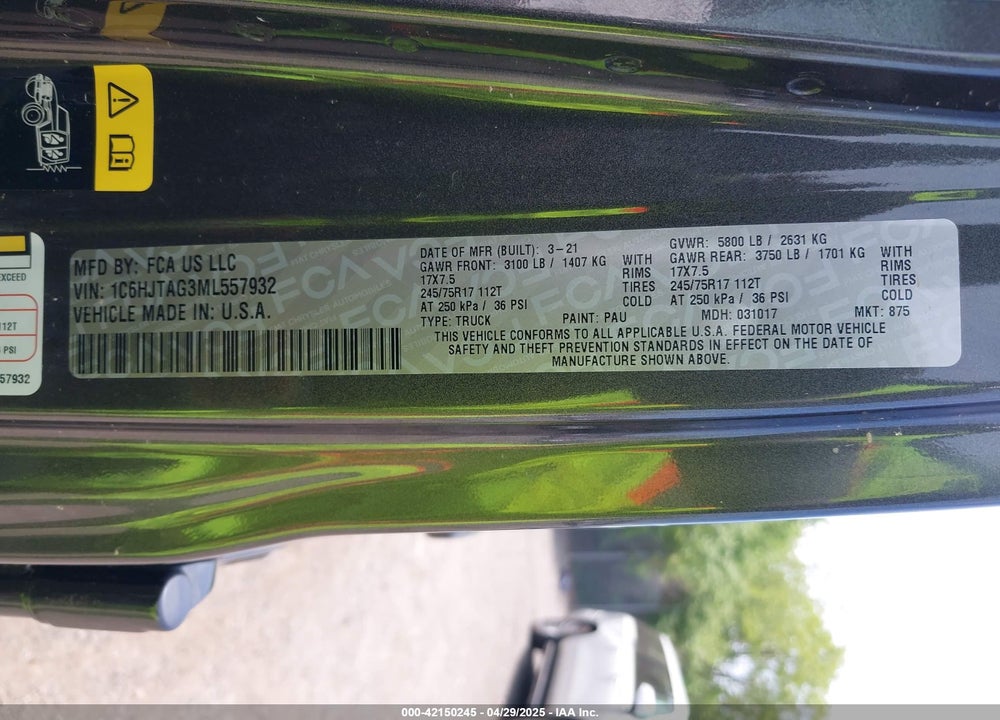2021 JEEP GLADIATOR VIN: 1C6HJTAG3ML557932