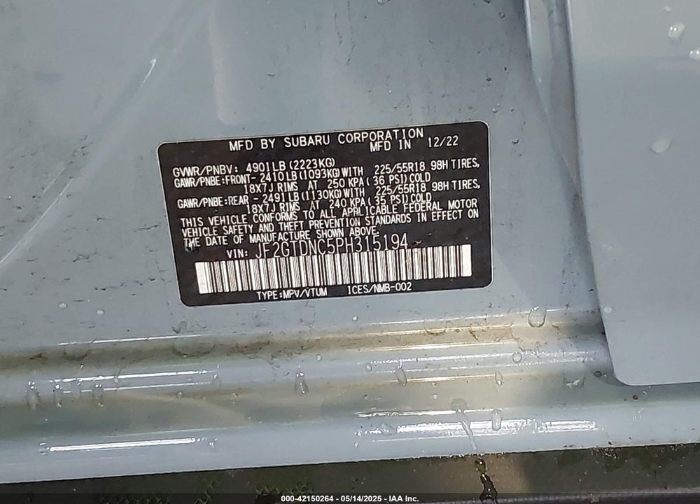 2023 SUBARU CROSSTREK HYBRID VIN: JF2GTDNC5PH315194