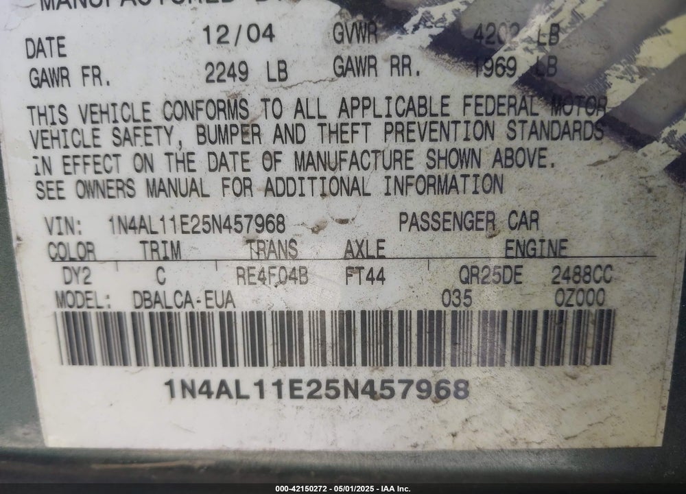 2005 NISSAN ALTIMA 2.5 S VIN: 1N4AL11E25N457968