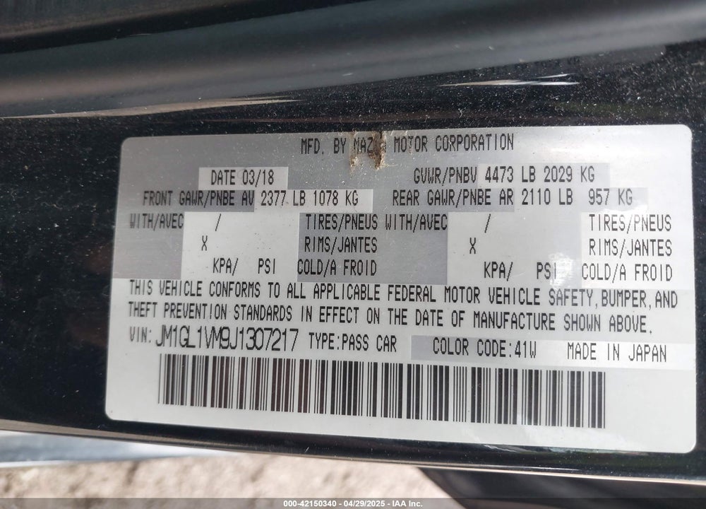 2018 MAZDA MAZDA6 VIN: JM1GL1VM9J1307217