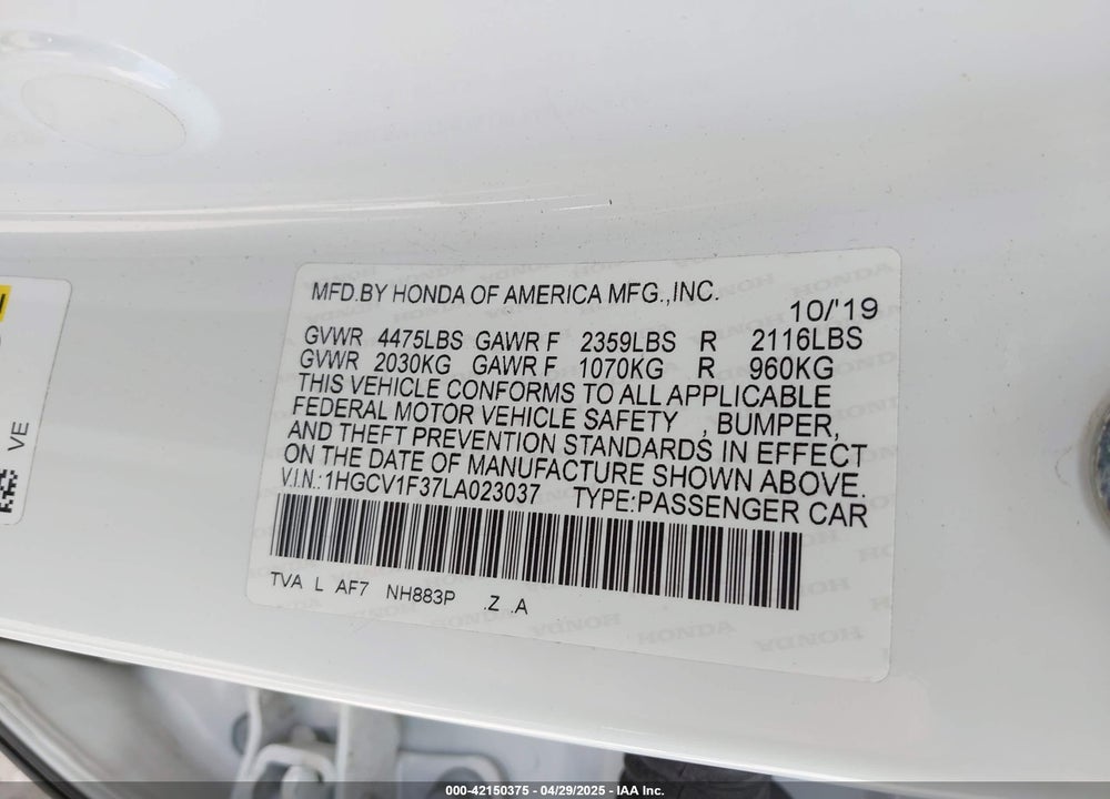 2020 HONDA ACCORD VIN: 1HGCV1F37LA023037