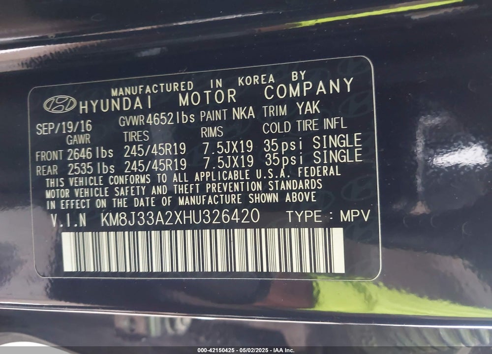 2017 HYUNDAI TUCSON VIN: KM8J33A2XHU326420
