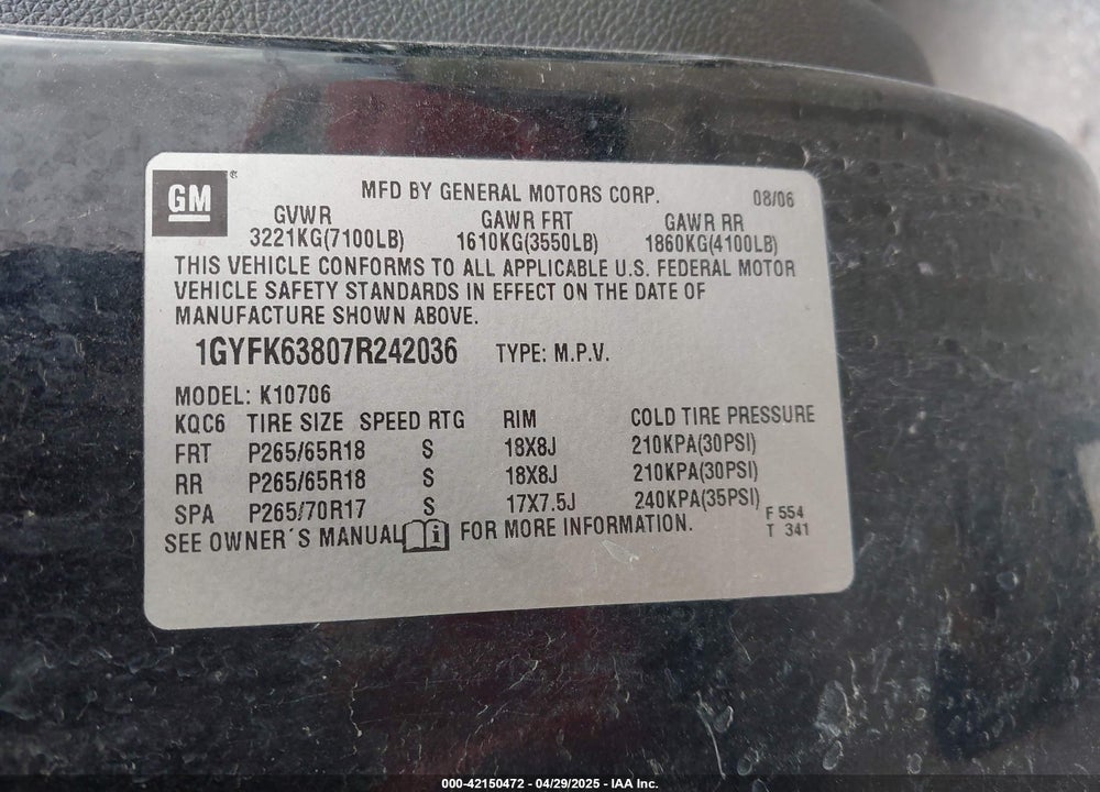2007 CADILLAC ESCALADE VIN: 1GYFK63807R242036