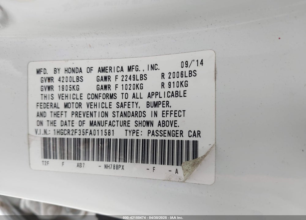 2015 HONDA ACCORD VIN: 1HGCR2F35FA011581