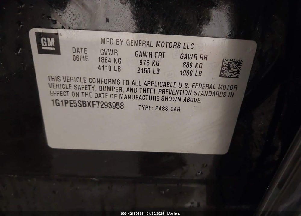 2015 CHEVROLET CRUZE VIN: 1G1PE5SBXF7293958