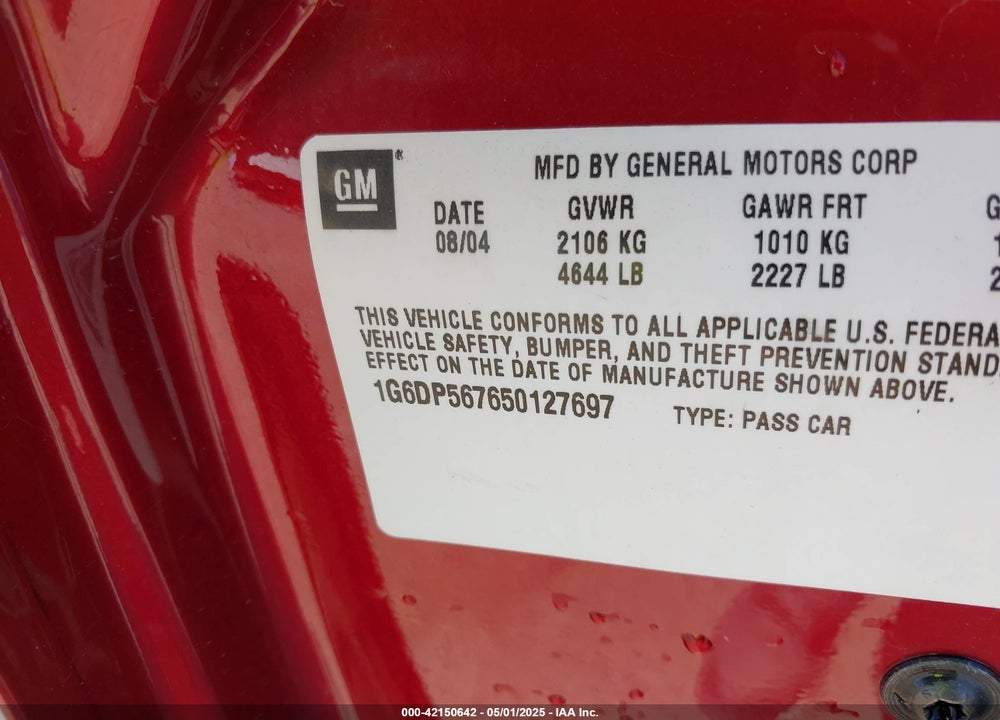 2005 CADILLAC CTS STANDARD VIN: 1G6DP567650127697