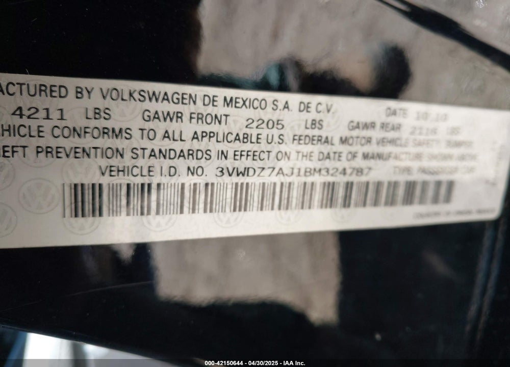 2011 VOLKSWAGEN JETTA 2.5L SE VIN: 3VWDZ7AJ1BM324787