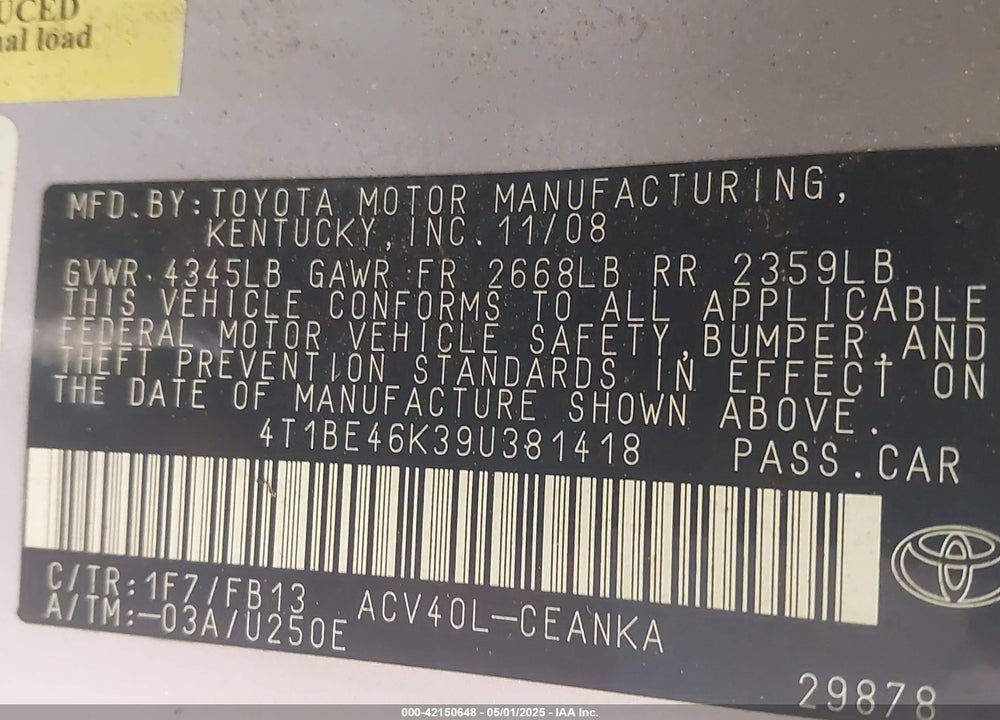 2009 TOYOTA CAMRY VIN: 4T1BE46K39U381418