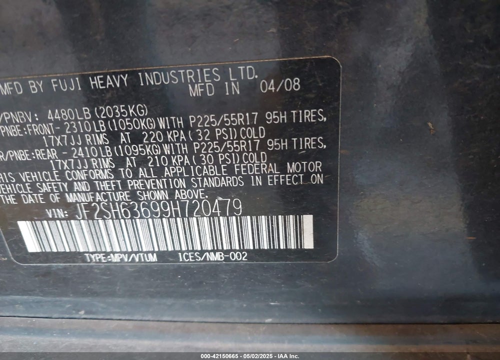 2009 SUBARU FORESTER 2.5X VIN: JF2SH63699H720479
