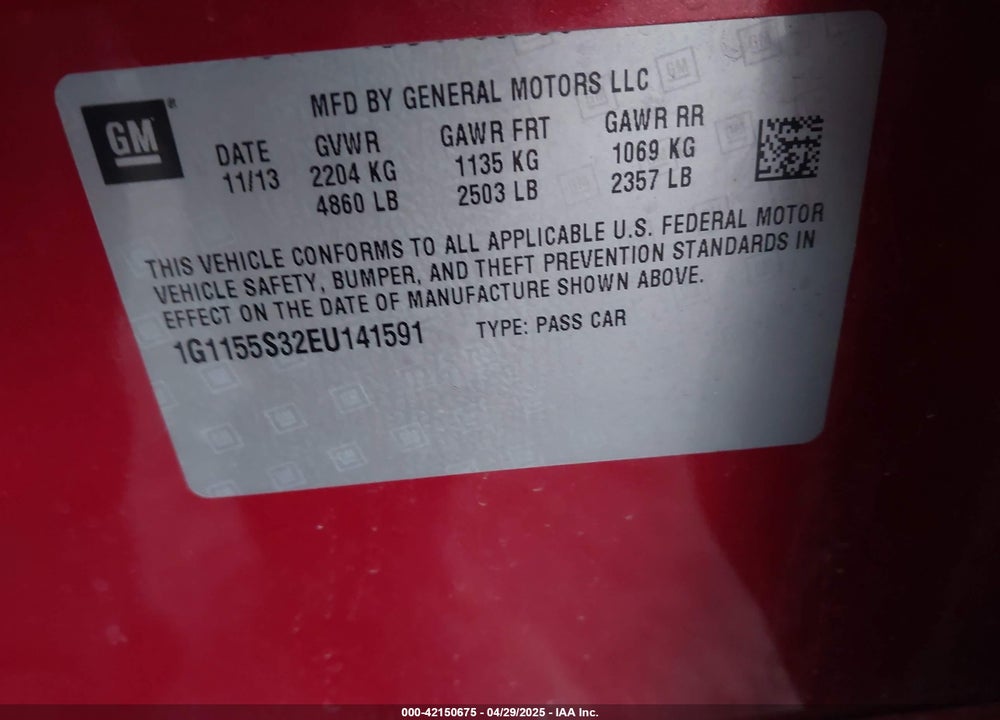 2014 CHEVROLET IMPALA VIN: 1G1155S32EU141591