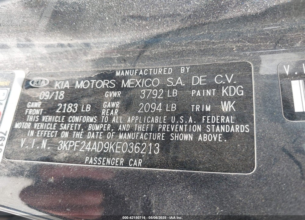 2019 KIA FORTE VIN: 3KPF24AD9KE036213