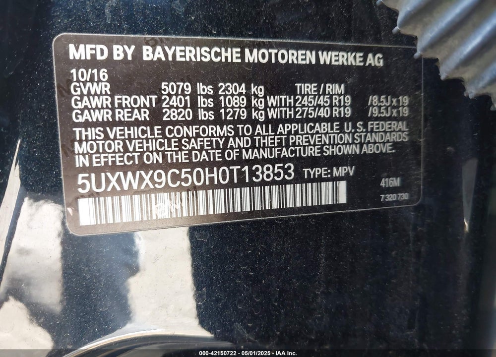 2017 BMW X3 XDRIVE28I VIN: 5UXWX9C50H0T13853