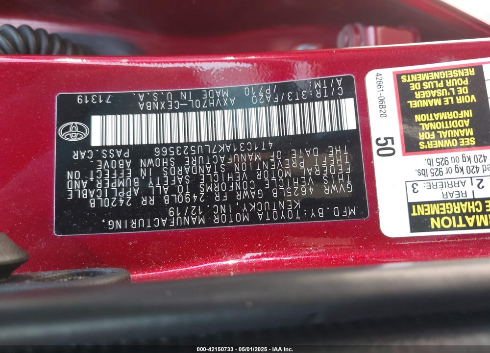 2020 TOYOTA CAMRY VIN: 4T1C31AK7LU523566