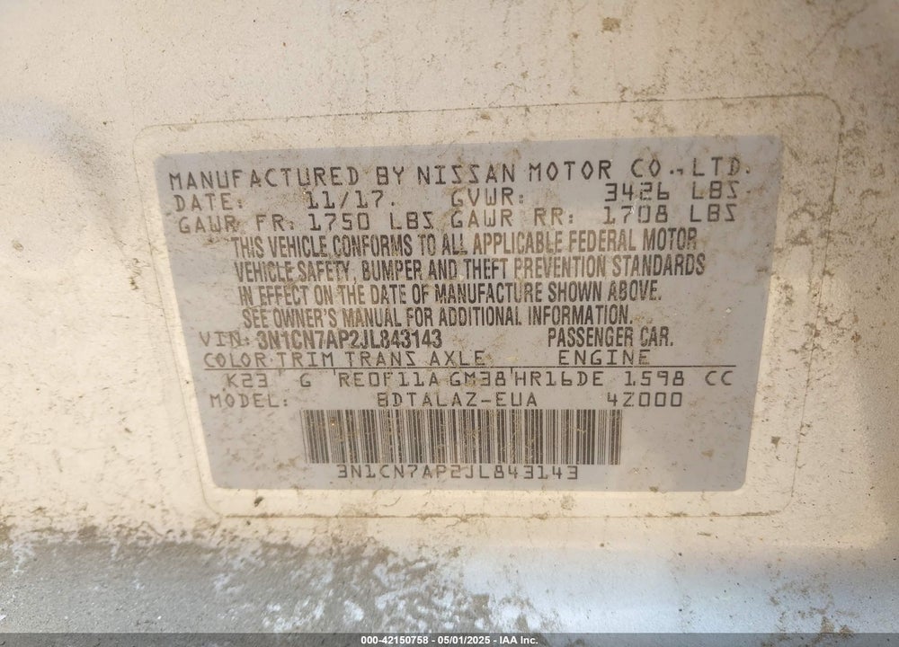 2018 NISSAN VERSA 1.6 S+ VIN: 3N1CN7AP2JL843143