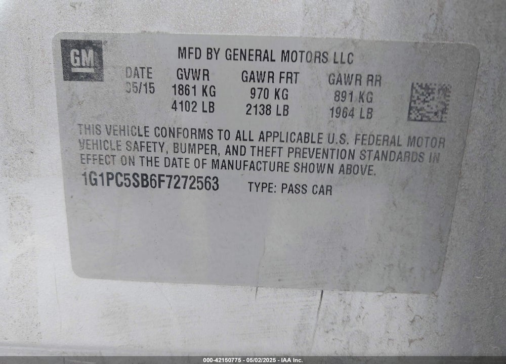 2015 CHEVROLET CRUZE 1LT AUTO VIN: 1G1PC5SB6F7272563