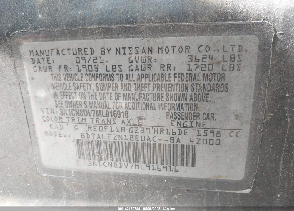 2021 NISSAN VERSA S XTRONIC CVT VIN: 3N1CN8DV7ML916916