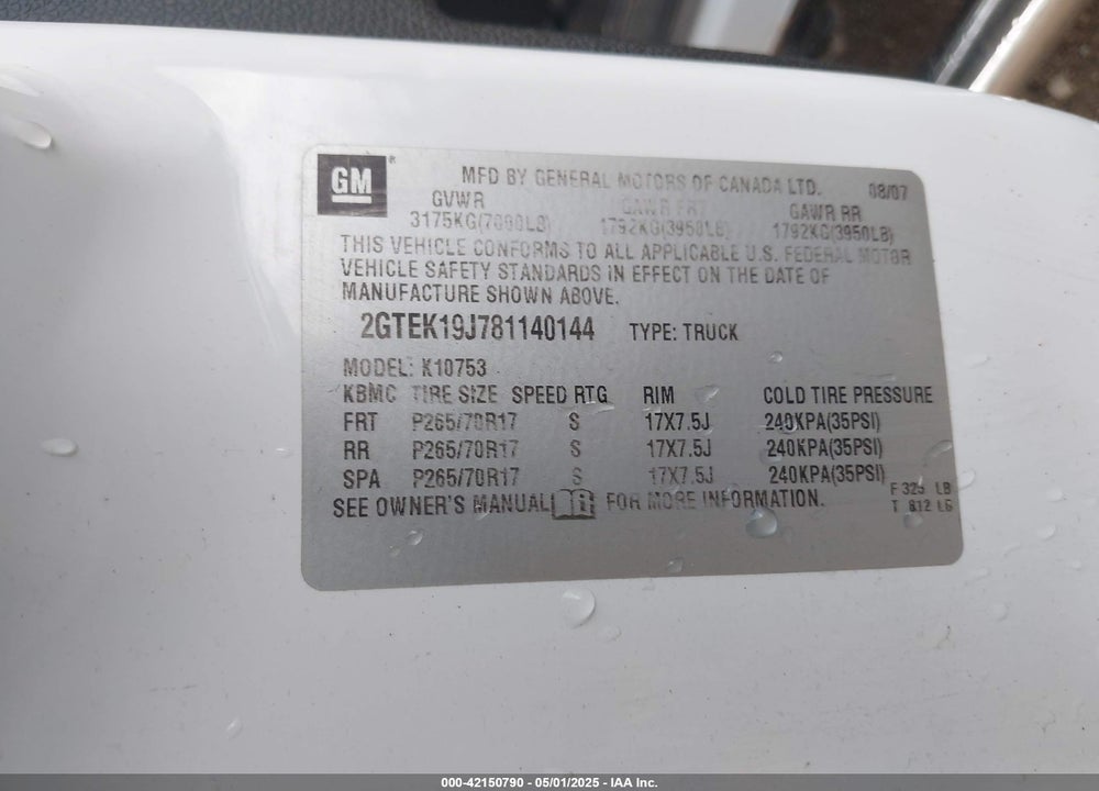 2008 GMC SIERRA 1500 SLE2 VIN: 2GTEK19J781140144
