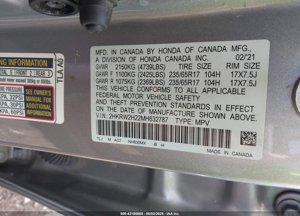 2021 HONDA CR-V VIN: 2HKRW2H22MH632787