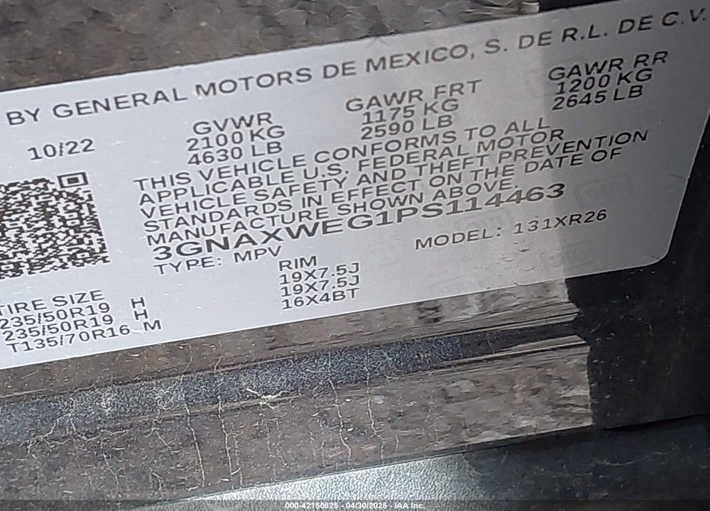 2023 CHEVROLET EQUINOX VIN: 3GNAXWEG1PS114463