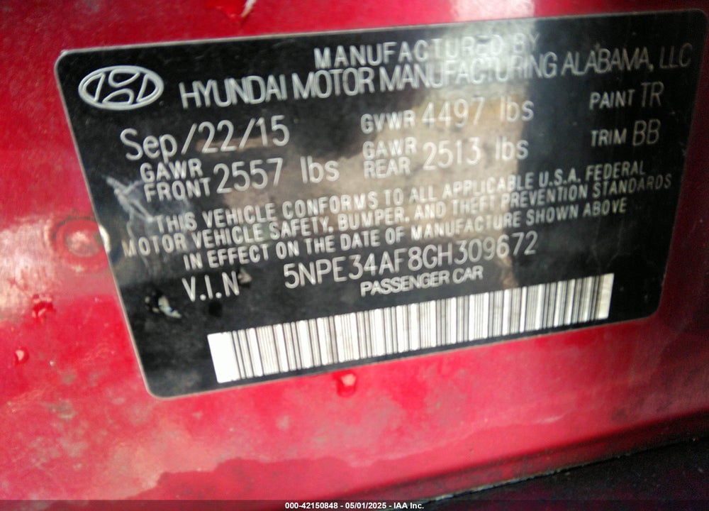 2016 HYUNDAI SONATA SPORT VIN: 5NPE34AF8GH309672