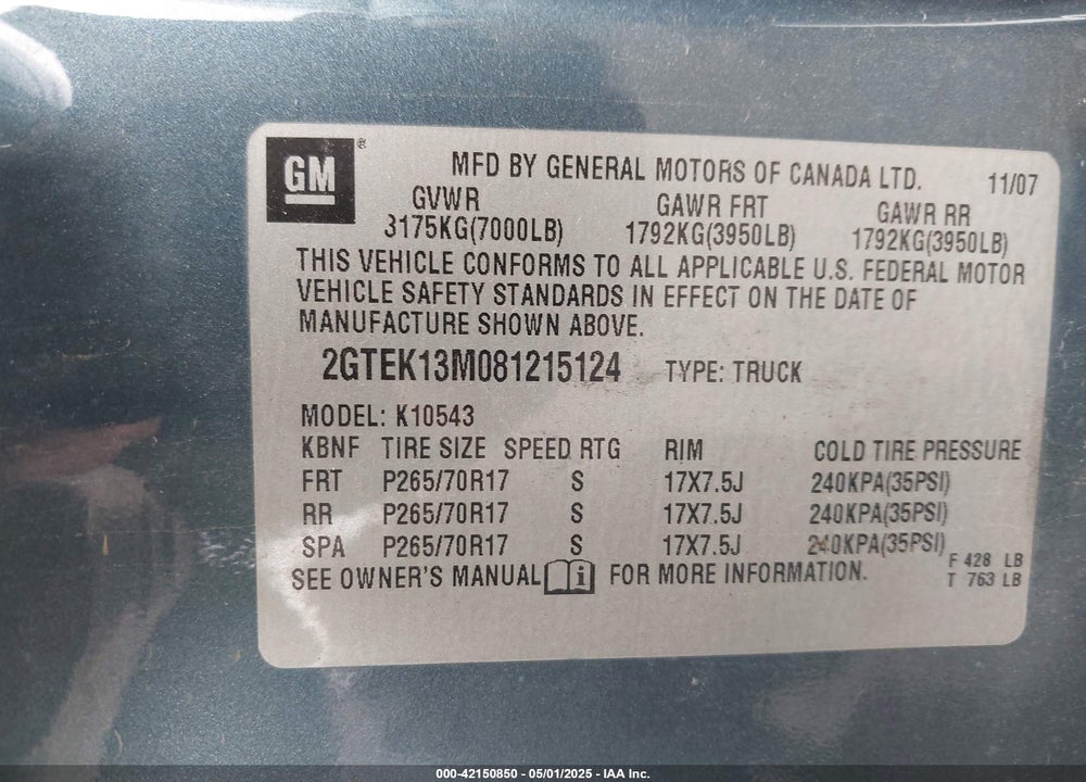 2008 GMC SIERRA 1500 VIN: 2GTEK13M081215124