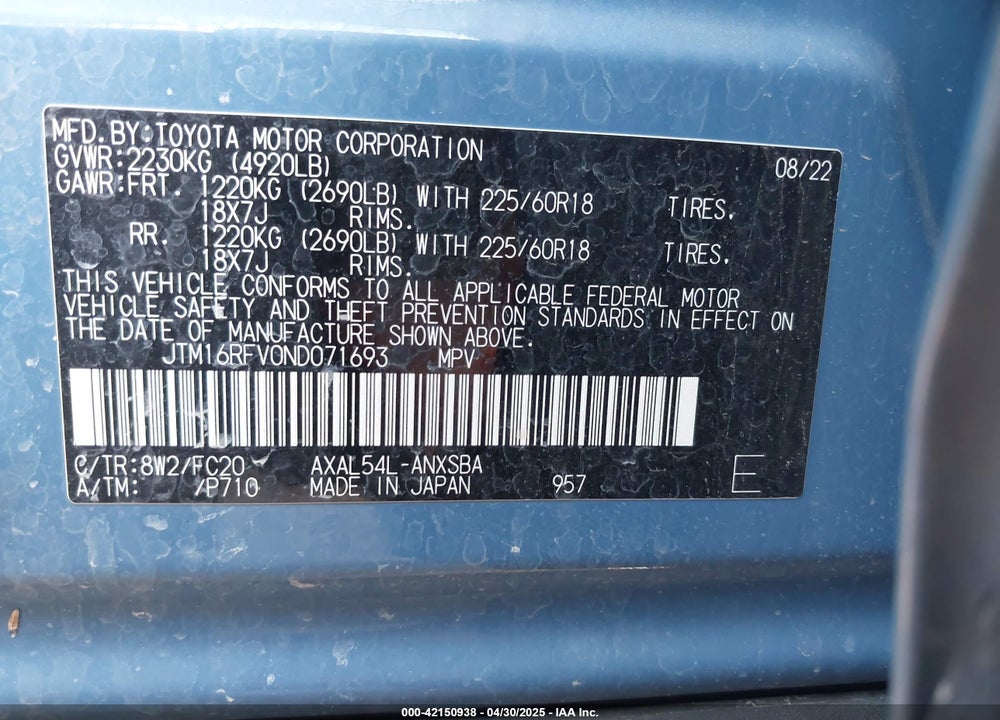 2022 TOYOTA RAV4 HYBRID VIN: JTM16RFV0ND071693