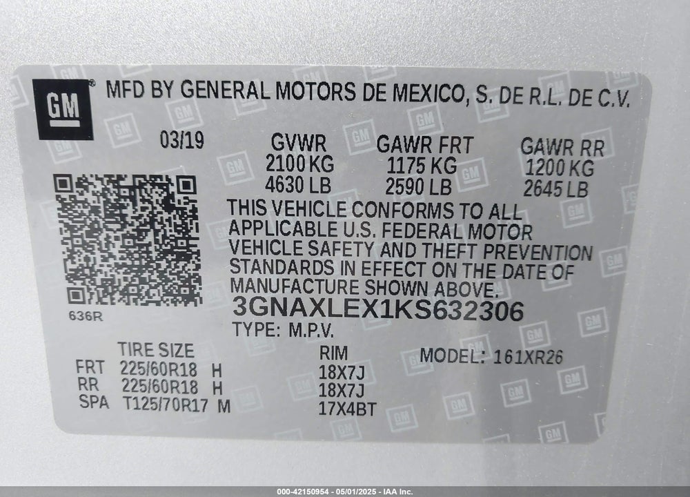 2019 CHEVROLET EQUINOX VIN: 3GNAXLEX1KS632306
