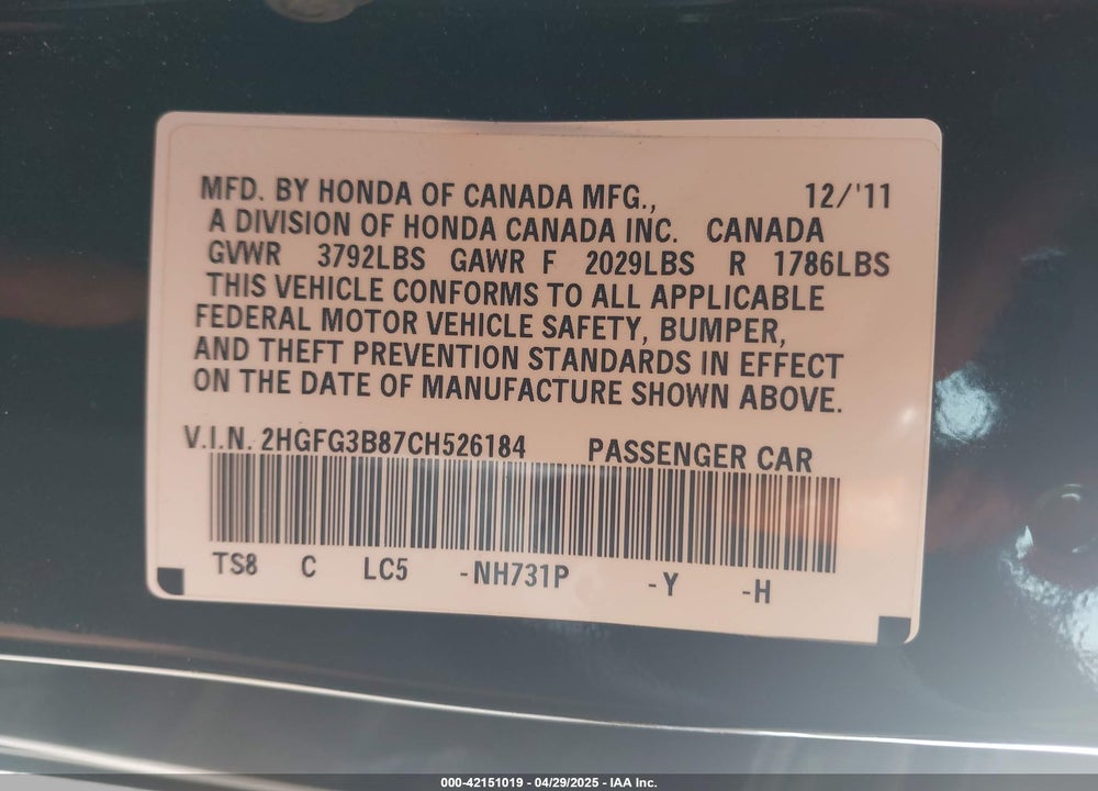 2012 HONDA CIVIC VIN: 2HGFG3B87CH526184