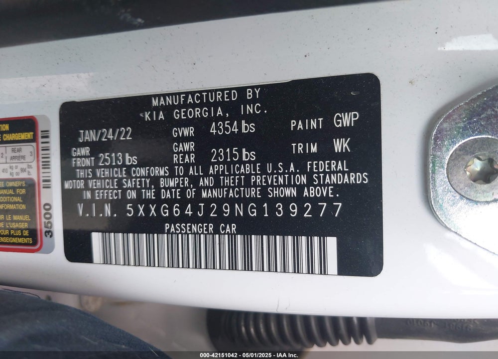 2022 KIA K5 VIN: 5XXG64J29NG139277