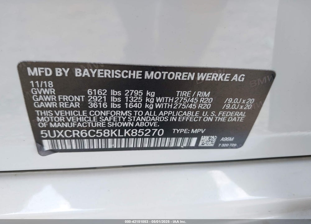 2019 BMW X5 VIN: 5UXCR6C58KLK85270