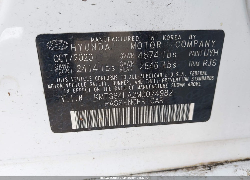 2021 GENESIS G70 VIN: KMTG64LA2MU074982