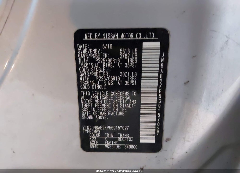2016 NISSAN QUEST VIN: JN8AE2KP5G9157027
