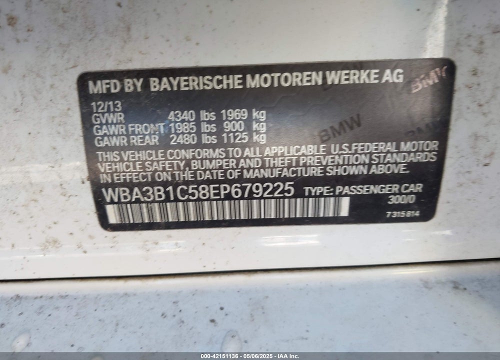 2014 BMW 320I VIN: WBA3B1C58EP679225