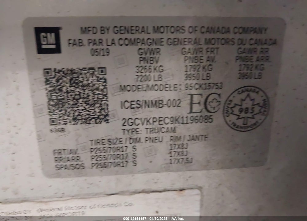 2019 CHEVROLET SILVERADO 1500 VIN: 2GCVKPEC9K1196085