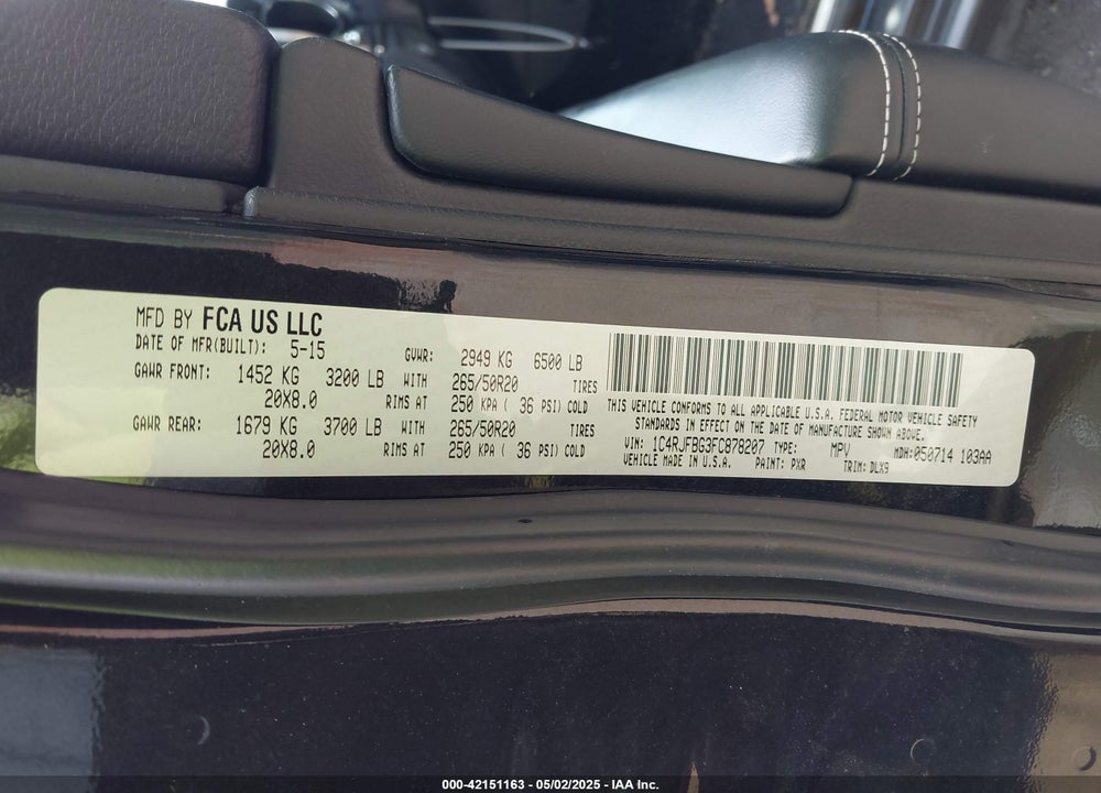 2015 JEEP GRAND CHEROKEE VIN: 1C4RJFBG3FC878207