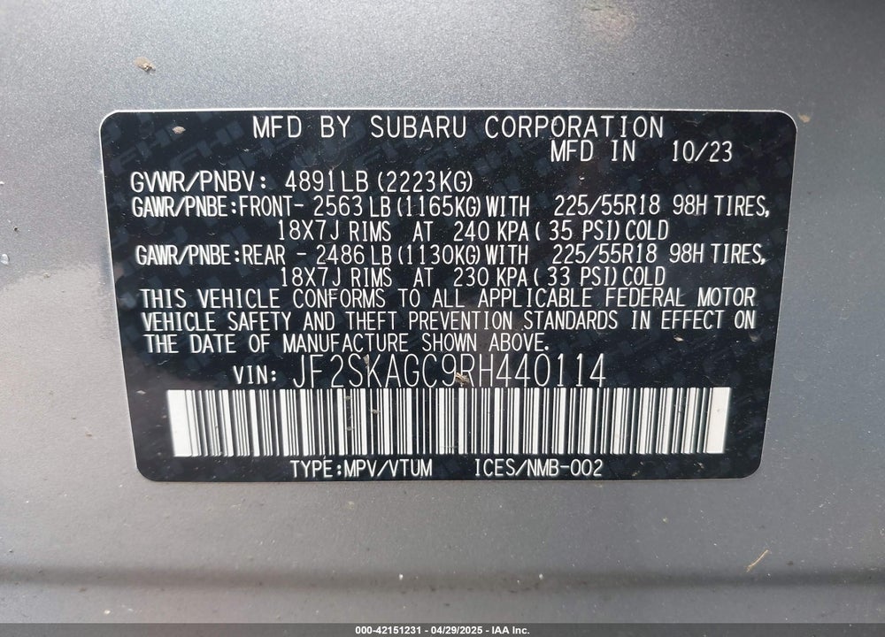 2024 SUBARU FORESTER SPORT VIN: JF2SKAGC9RH440114