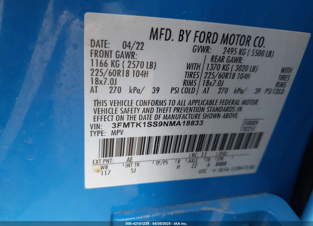 2022 FORD MUSTANG MACH-E VIN: 3FMTK1SS9NMA18833